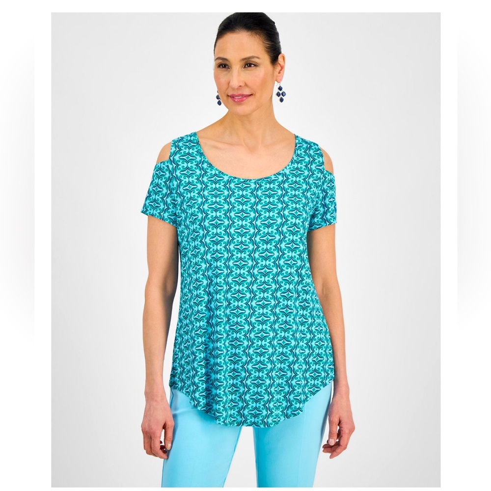 JM Collection Women’s Short Slv Cold-Shoulder Top,Phlox Pink Geo Print Color,XL